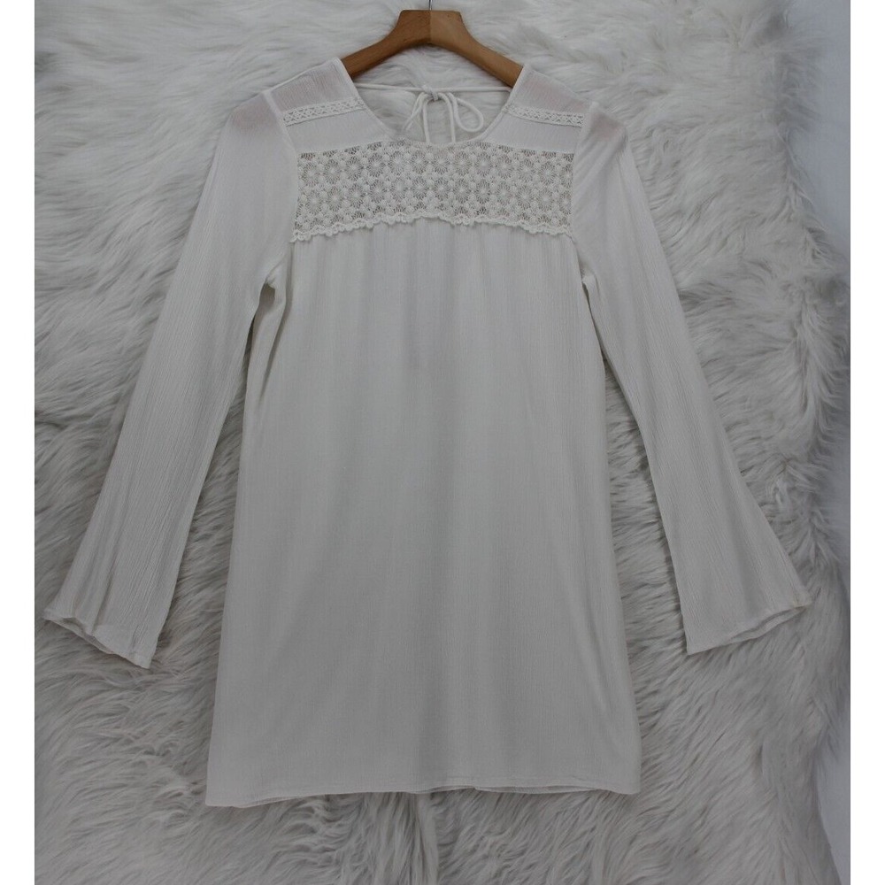 Billabong Junior's White Embroidered Open Back Long Sleeve Mini Dress Sz M #980